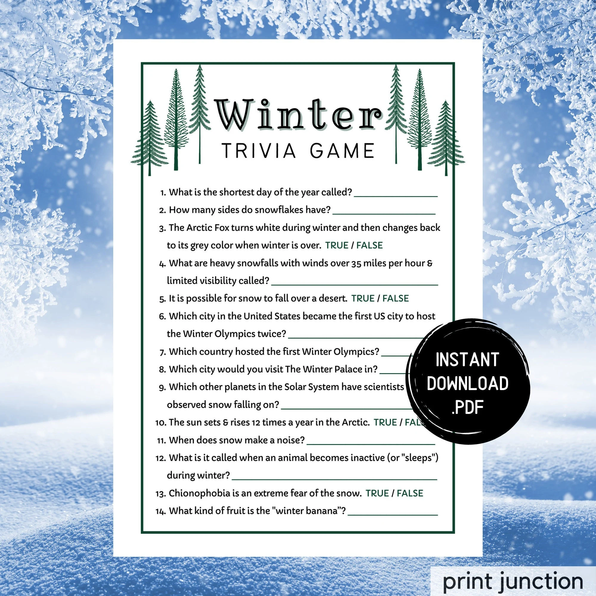 Winter Trivia Game Printable Holiday Winter Trivia Game Printable Holiday